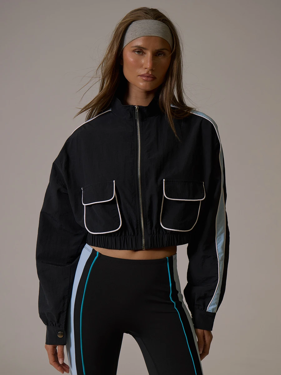 Musera Sport Jaket Track Koordinasi Musim Dingin/Musim Gugur Aktif Pilates Gerak dengan Resleting Leher Corong Tinggi, Lengan Bergaris Warna Kontras, Saku Depan, Potongan Pendek, Elastis - Hitam - View 1