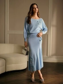 MOTF PREMIUM WOMEN'S AUTUMN/WINTER EMBROIDERED APPLIQUE LONG SLEEVE KNIT 2 PIECES SET - Blue - View 3