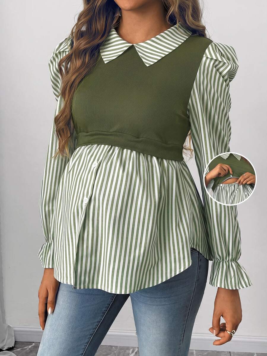 SHEIN 孕婦秋季休閒條紋拼接哺乳上衣 - 軍綠色 - 查看 1