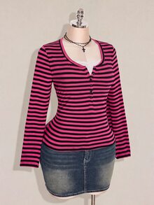 SHEIN ICON Women's Plus Size Autumn/Winter Contrast Lace Black & Grey Striped Slim Fit T-Shirt Fall - Multicolor - View 8