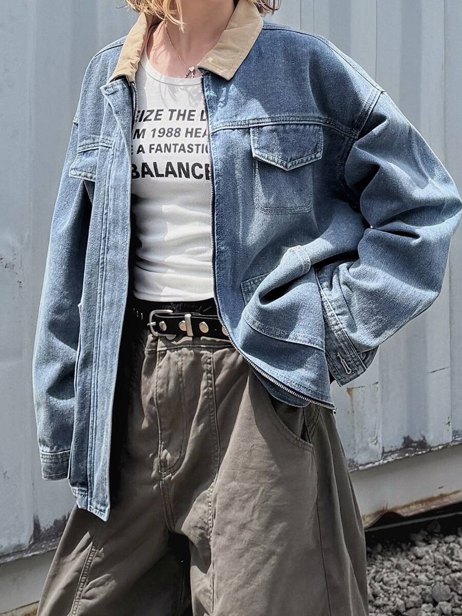 FRIFUL Women's Colorblock Casual Daily Denim Jacket - Blue - View 1
