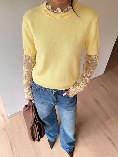 Siren Gaze Suéter de punto con patchwork de encaje, suéter de punto esponjoso 2 en 1 con patchwork de encaje en las mangas, top de punto elegante de manga larga y cuello redondo, estilo casual para mujer para todas las estaciones
