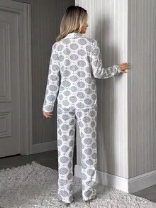 SHEIN Women's Paisley Print Pajama Set With Long Sleeve Button Front Shirt And Relaxed Fit Full Length Pants Pajama Set - White - View 3