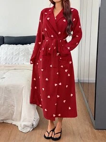 Napfluff Jubah Wanita Lengan Panjang Berkerah Motif Garis Hati dengan Sabuk - Merah - View 6