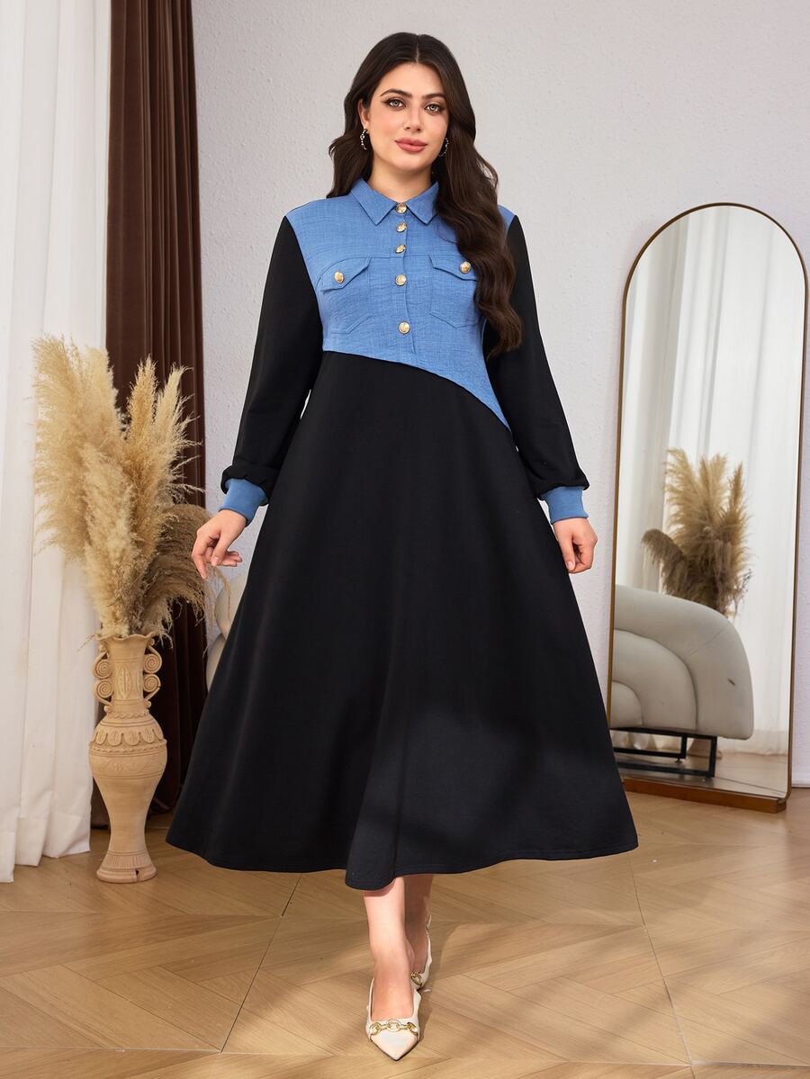 Lacomfia Casual Minimalist Colorblock Shirt Collar Long Sleeve Loose Regular Fit Spring/Autumn Plus Size Sweatshirt - Multicolor - View 1
