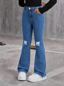TWEEN GIRLS Tween GirlsDenim Jeans, Vintage Washed Color, Street Style Fashion, Distressed Ripped Hem, Flared Leg, Versatile Fashion New Style - Dark Wash - View 4