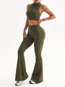 Dewbera Dewbera 1pc Women's Seamless Mock Neck Half Zip Racerback Cutout Casual Yoga Studio Training Long Flare Leggings Sports Set - Army Green - View 3