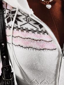 Amplova Women's Fair Isle Style Zip-Up Drawstring Hooded Knit Cardigan - White - View 6