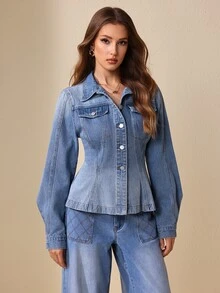 Selenza Women's Long Sleeve Single-Breasted Casual Denim Jacket - Blue - View 3