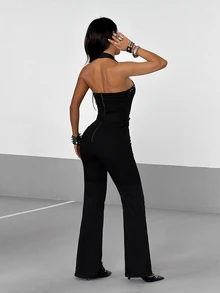 StreetHx Fashion Casual Sexy Street Style V-Neck Tie Halter Denim Jumpsuit With Flare Legs - Black - View 2