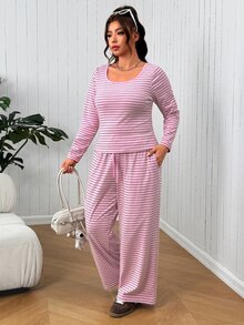 SHEIN EZwear Plus Size Autumn Casual Striped Top And Pants 2 Pieces Set - Multicolor - View 5