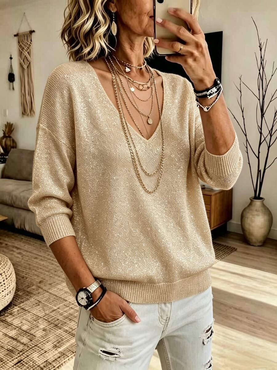 Ceyna Plus Size Women's Fashion Shiny V-Neck Short Sleeve Pullover Sweater, Casual Daily Minimalist Versatile Top For Spring, Summer, Autumn Winter - Khaki - View 1