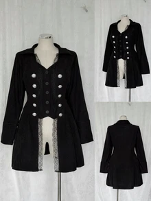 Sunspun Plus Size Women's Contrast Lace Long Sleeve Double Button Napoleon Jacket Halloween - Black - View 8