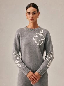 SHEIN Orluneo Sweater Rajut Pullover Motif Bunga Abu-abu Musim Gugur/Dingin, Sweater Lengan Panjang Leher Bulat Longgar - Grey - View 6