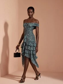 JIAN LASALA Gaun Midi Rajut Tanpa Bahu dengan Lipatan Berlapis-lapis dan Hemline Tidak Rata, Gaun Liburan Elegan - MultiWarna - View 5