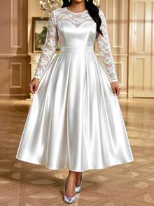SHEIN Lady Plus Size Women's Contrast Lace Round Neck Long Sleeve Pleated Hem Elegant Dress Fall - White - View 1