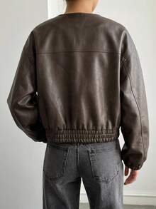 DAZY 女款休閒PU皮革翻領正裝夾克外套 秋季 - 棕色 - 查看 2
