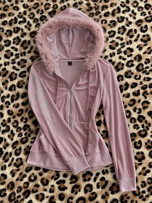 Elamini Vintage Y2K Velvet Fur Collar Hooded Rhinestone Embellished Waist-Cinching Slim Fit Long Sleeve Sweatshirt Jacket - Pink - View 5