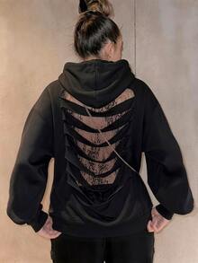 INAWLY 女款新款秋季/冬季T恤，美式休閒寬鬆連帽後背燒花蕾絲拼接長袖T恤，美式街頭風後背蕾絲拼接性感薄款T恤，黑色寬鬆T恤，燒花工藝連帽上衣，蕾絲T恤，適合秋季日常居家、外出、上學、購物 - 黑色 - 查看 2