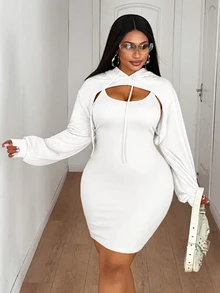 Maweii Plus Size Solid Color Hoodie Top & Cami Dress 2 Pieces Set - White - View 7