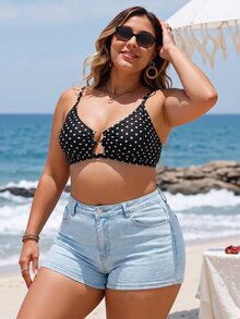 Swim Vcay Plus Size Women Black White Polka Dot Sweet Style Sexy Flapper 1920s Matching 1920s Beach Party Vacation Swim Top Summer - Black - View 3