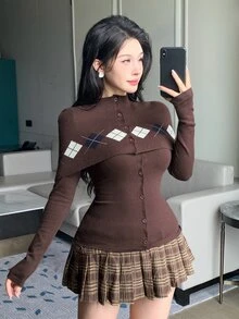 DAZY Women's Solid Color Single-Breasted Long Sleeve Knit Cardigan And Jacquard Cropped Top 2 Pieces Set - Brown - View 8