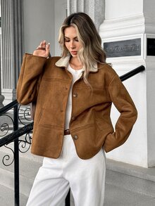Pariaura Women's Fall Winter Brown Lapel Suede Fleece Panel Single-Breasted Jacket,Loose Long-Sleeve Top,Chic Occasion Wear For Daily Outing Commute Coat - Brown - View 4