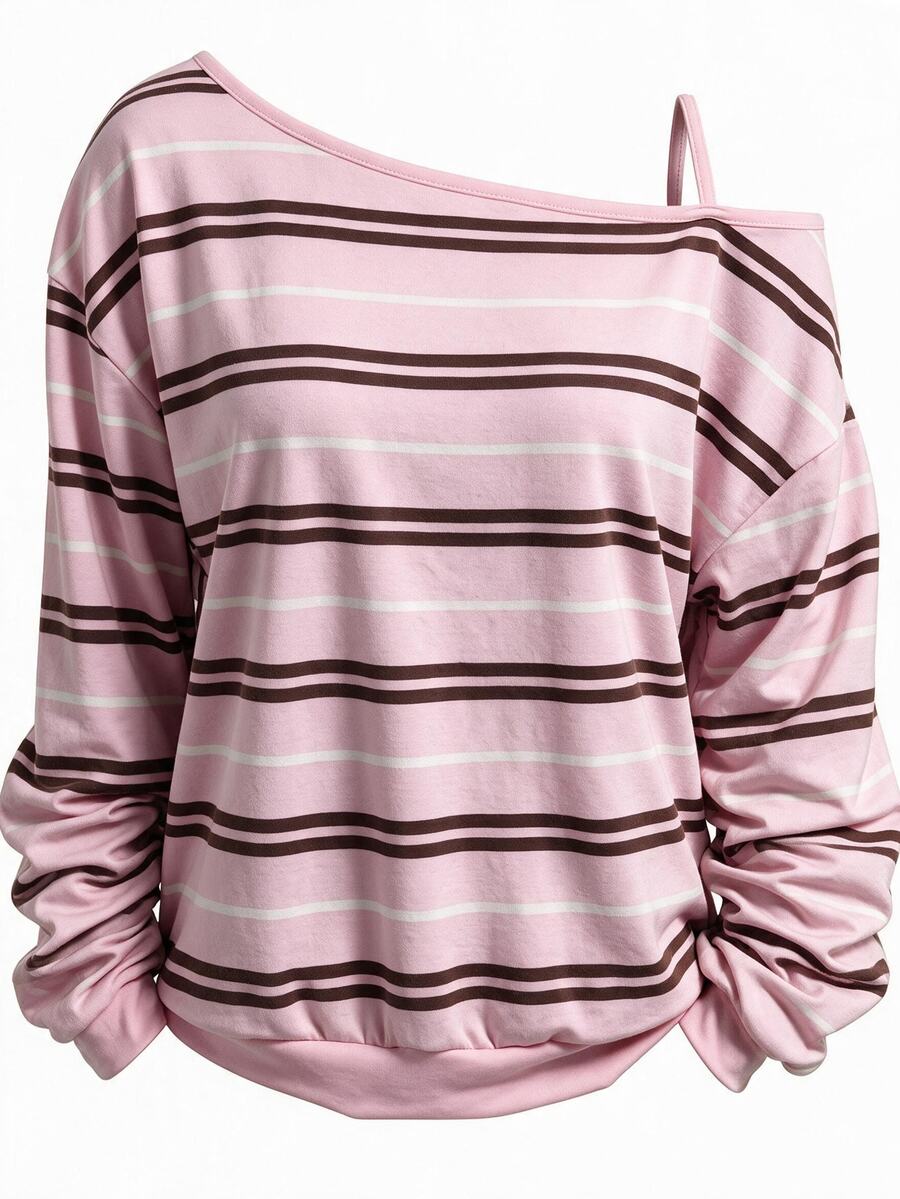 EMERY ROSE Women's Casual Preppy Style Minimalist Print Pink Striped Plus Size Full-Print T-Shirt, Suitable For Back To School, Summer And Graduation Season - Multicolor - View 1