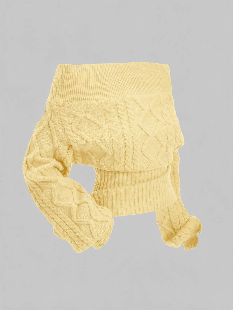 ROMWE Sexy Romantic Thick Knit Z-Pattern Deep Gray Off-Shoulder Lantern Sleeve Pullover Sweater - Light Yellow - View 1