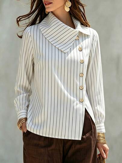 SHEIN Elegante modieuze gestreepte blouse met asymmetrische knoopdecoratie aan de voorkant, minimalistische zakelijke kantoor- en reis-/vrijetijdskleding voor vakantie