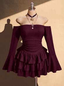 SHEIN ICON Women's Plus Size Textured Black Off-Shoulder Dress Fall - Burgundy - View 6