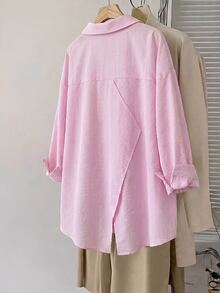 SHEIN CURVE+ 大尺碼女款條紋落肩長袖單排扣休閒襯衫 - 粉色 - 查看 2