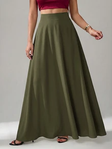 SHEIN Tall Women's Solid Color With Slanted Pockets Practical Elegant Simple Commuting Office A-Line Umbrella S - Army Green - View 3