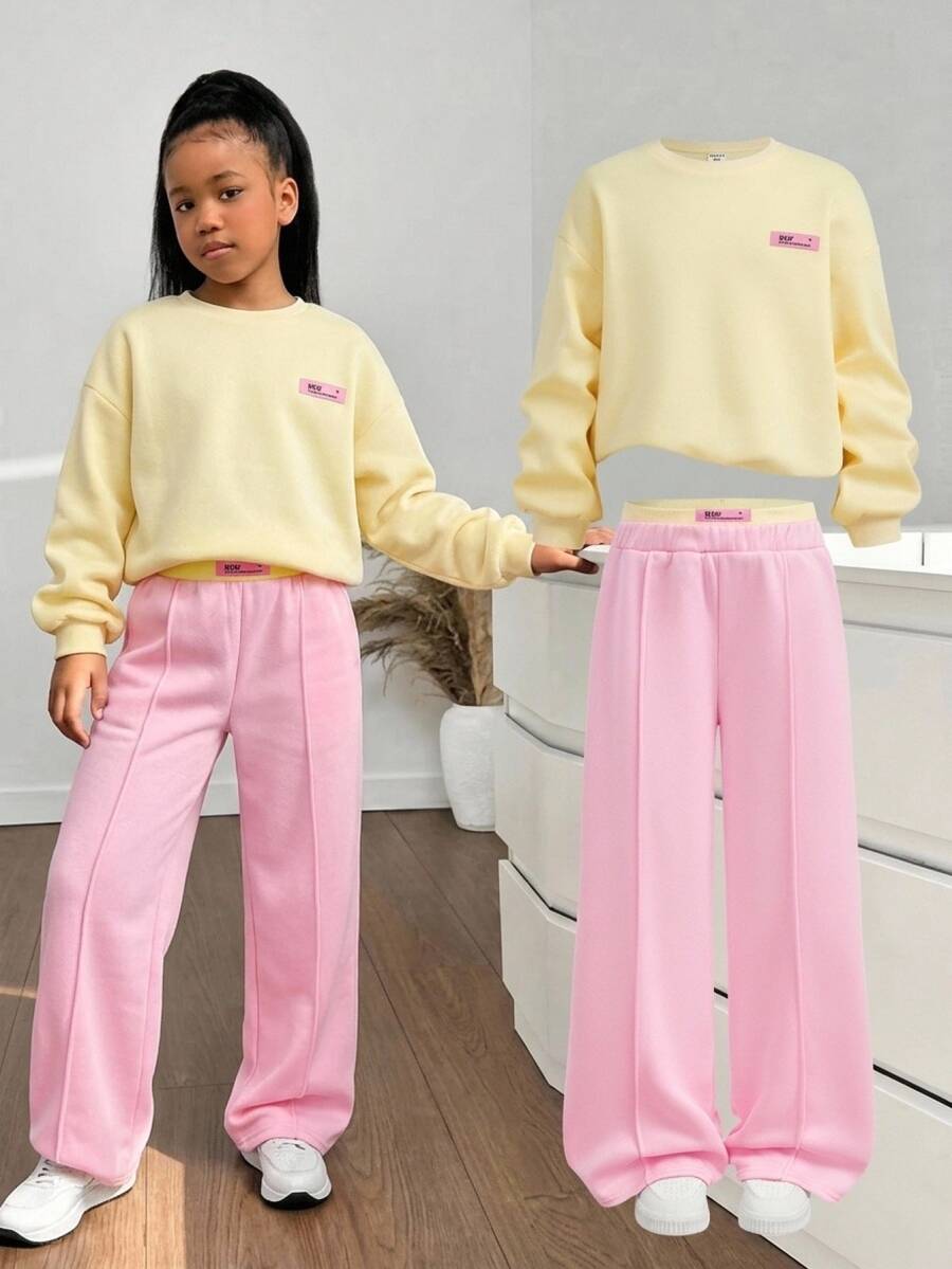 SHEIN Tween女孩黃色運動衫+粉色寬鬆長褲2件套,休閒日常百搭時尚,柔軟舒適,秋冬新款 - 彩色 - 查看 1