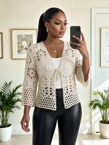 SHEIN Lady CURVE Plus Size Hollow Out Tie-Up Knit Cardigan For Beach Vacation - Apricot - View 4