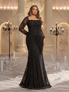 Glamrae فستان سهرة رسمي أنيق بتصميم بسيط وهيكلي، مقاس كبير، بياقة مربعة ودانتيل مكشكش وشبه شفاف مع ثنيات، فستان كوكتيل، فستان شبكة خفيف - الأسود - مشاهدة 6