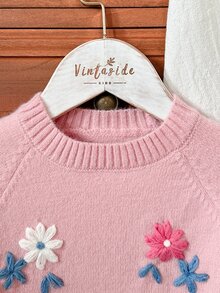 SHEIN Young Girl) Duck Embroidery Cute Minimalist Everyday Knit Pullover Sweater - Pink - View 5