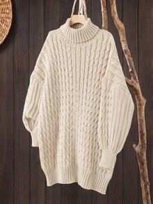 Rusticease Women's Autumn/Winter Knitted Dress, Solid Color High Neck Thick Sweater Cable Knit Dress - Apricot - View 2