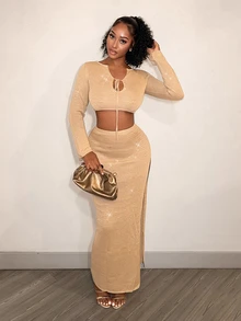 BamGleam Women's Sexy Lace-Up Long Sleeve Sweater And Slit Maxi Skirt 2 Pieces Set - Gold - View 5