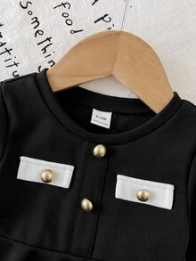 SHEIN 女嬰優雅白色對比飾邊收腰百褶A字裙，彈性厚實面料配裝飾復古鈕扣，適合冬季 - 黑色 - 查看 6