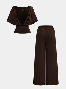 Sweetra Plus Size Early Autumn Backless Metal Detail T-Shirt And Long Pants Casual 2 Pieces Set - Coffee Brown - View 2