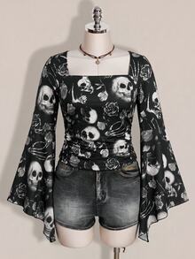 SHEIN ICON 大尺碼女款萬聖節骷髏印花深色哥德風上衣 - 彩色 - 查看 3