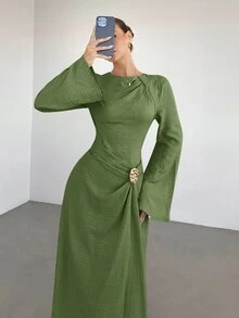 Siren Gaze Women's Solid Color Twist Detail Front Metal Buckle Decor Flared Long Sleeve Dress, Wedding Night Dinner Cocktail Guest Fall Sage Green Elegant Mature - Olive Green - View 5