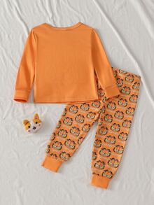 GARFIELD | SHEIN 男嬰時尚可愛聯名圖案印花修身布料長袖上衣與長褲居家休閒套裝 - 黃色 - 查看 2