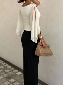 INAWLY Women's Solid Color Knit V-Neck Bell Sleeve Top And Side Slit Hem Skirt Elegant Set - Black and White - View 2