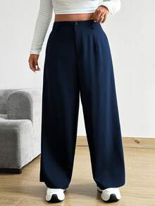 Vionelle Plus Size Loose Straight Leg Wide Leg Pants With Pockets Solid Color - Navy Blue - View 3