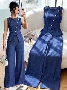 SHEIN Clasi Setelan Rompi dan Celana Jeans Lebar untuk Wanita Kasual Saat Berpergian - Biru - View 1