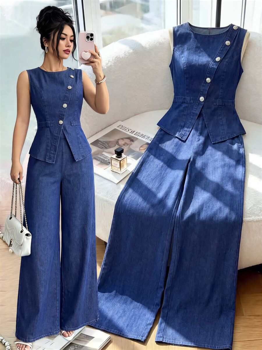 SHEIN Clasi Setelan Rompi dan Celana Jeans Lebar untuk Wanita Kasual Saat Berpergian - Biru - View 1