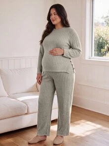 SHEIN Apricot Long Maternity Plus Size 2 Pieces Set, Round Neck Long Sleeve Top With Split Hem And Buttons, Casual Comfortable Wide Leg Pants, Autumn/Winter - Apricot - View 4