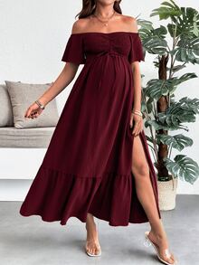 SHEIN 孕婦純色抓皺露肩短袖側開衩下擺洋裝 - 紅色 - 查看 4